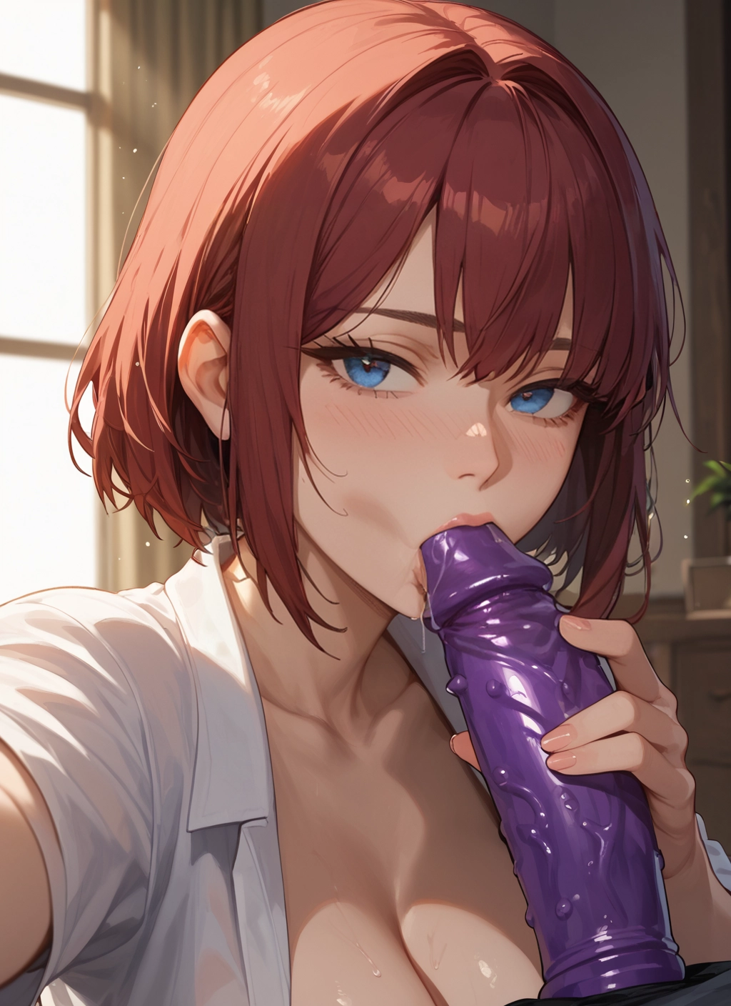 breasts, 1girl, blue eyes, shirt, cleavage, sex toy · Yamete.gg