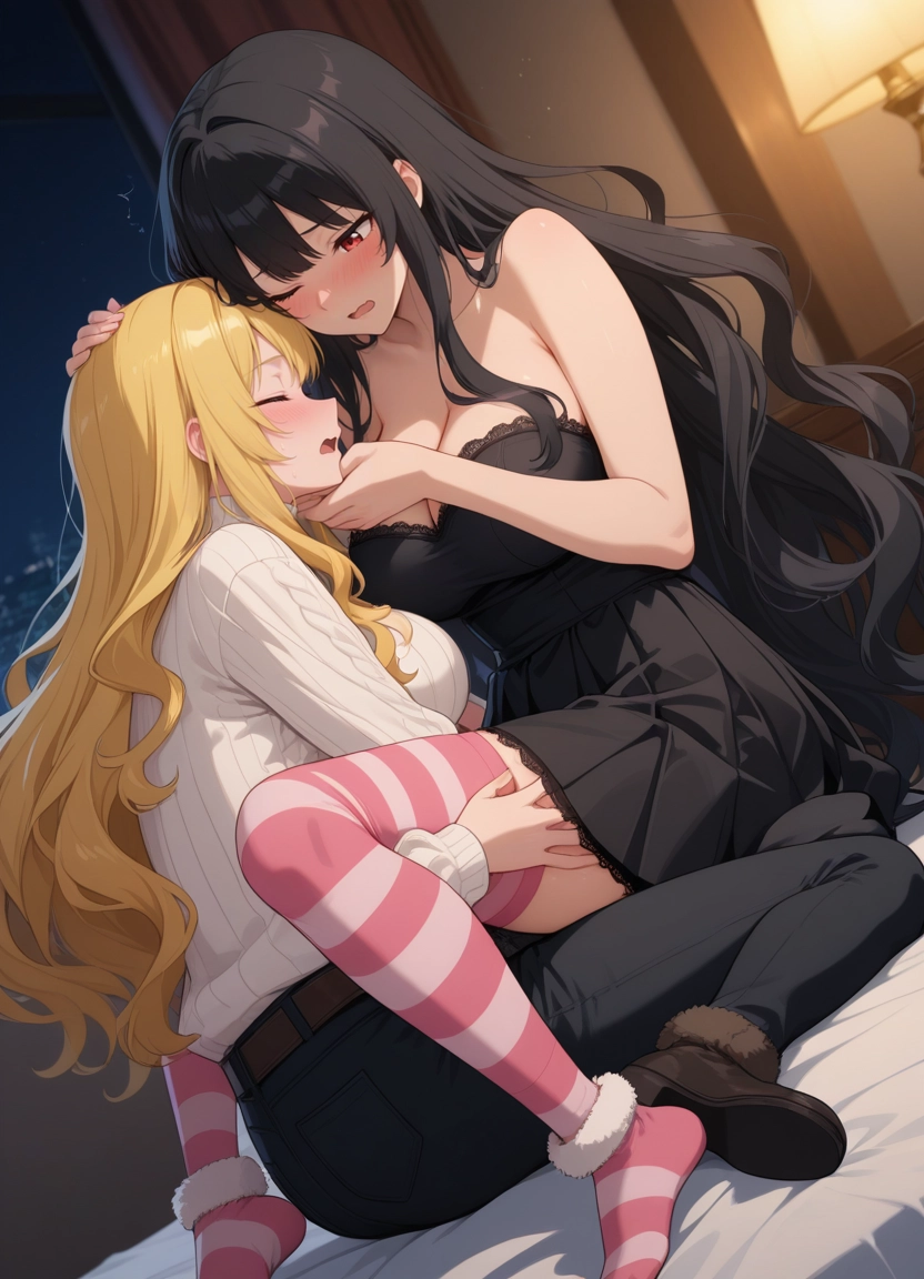 breasts, sweater, long hair, indoors, black dress, thighhighs