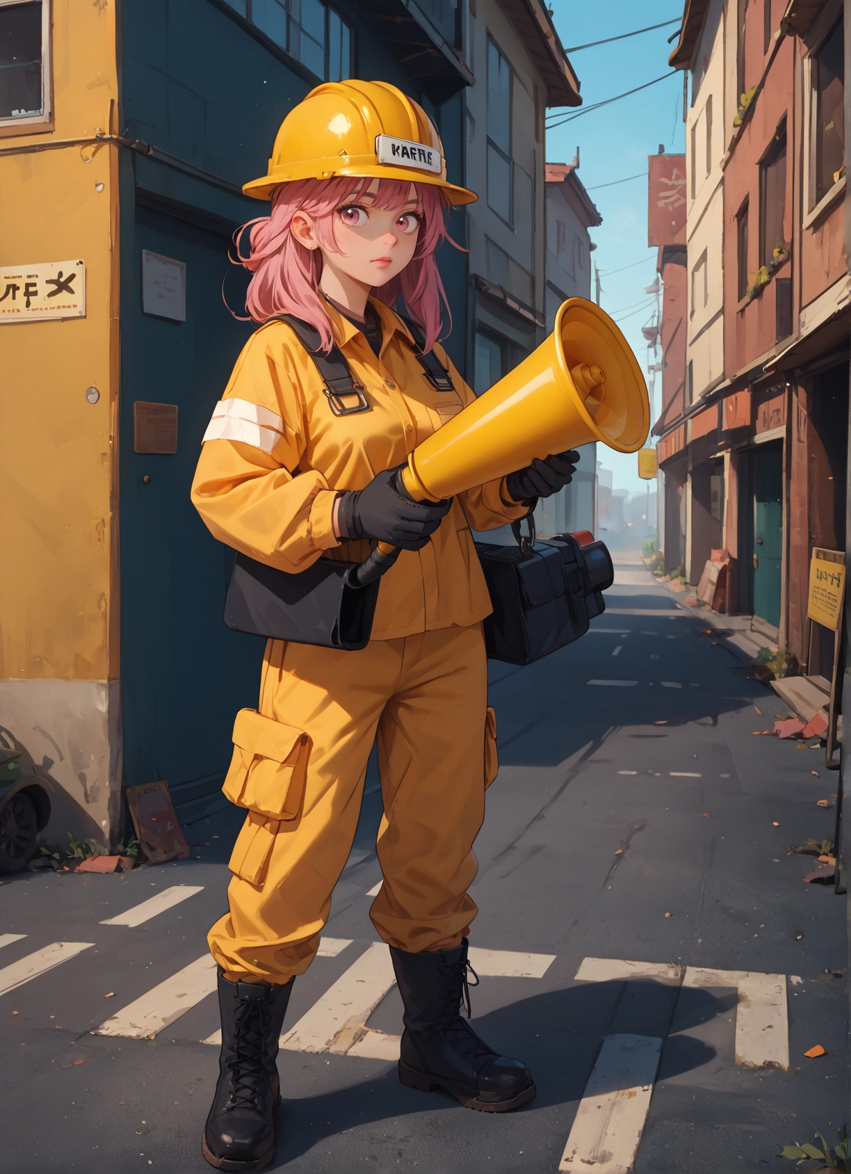 1girl, pink hair, gloves, megaphone, boots, helmet · Yamete.gg