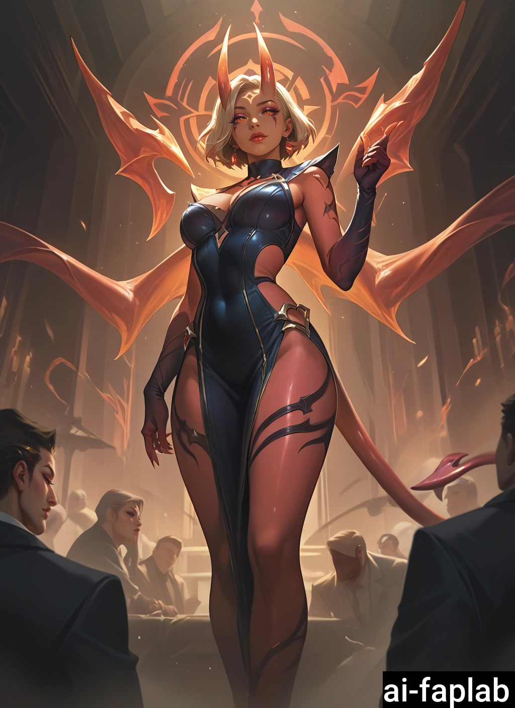 horns, 1girl, wings, red skin, tail, demon tail · Yamete.gg
