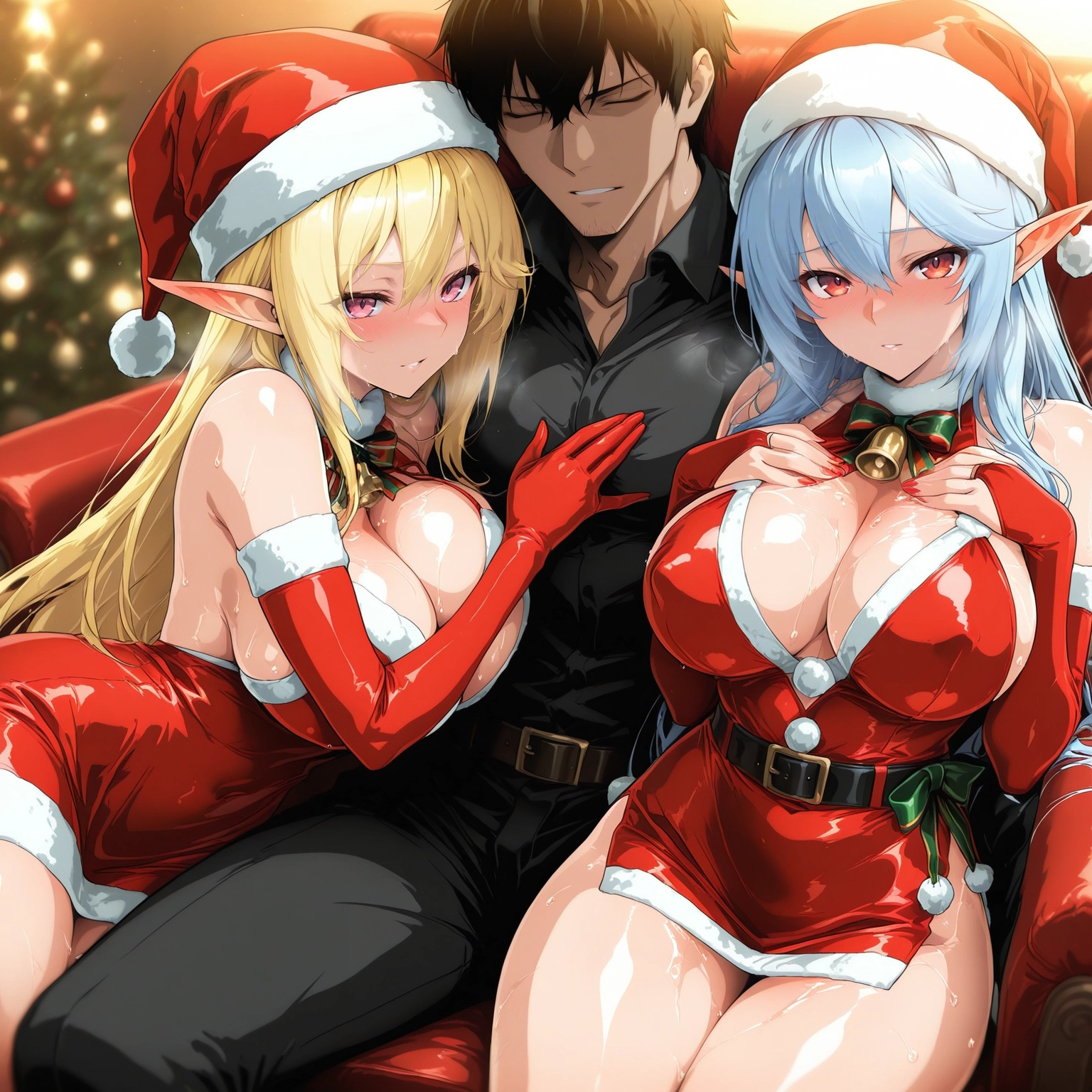 breasts, multiple girls, 2girls, blonde hair, pointy ears, 1boy · Yamete.gg