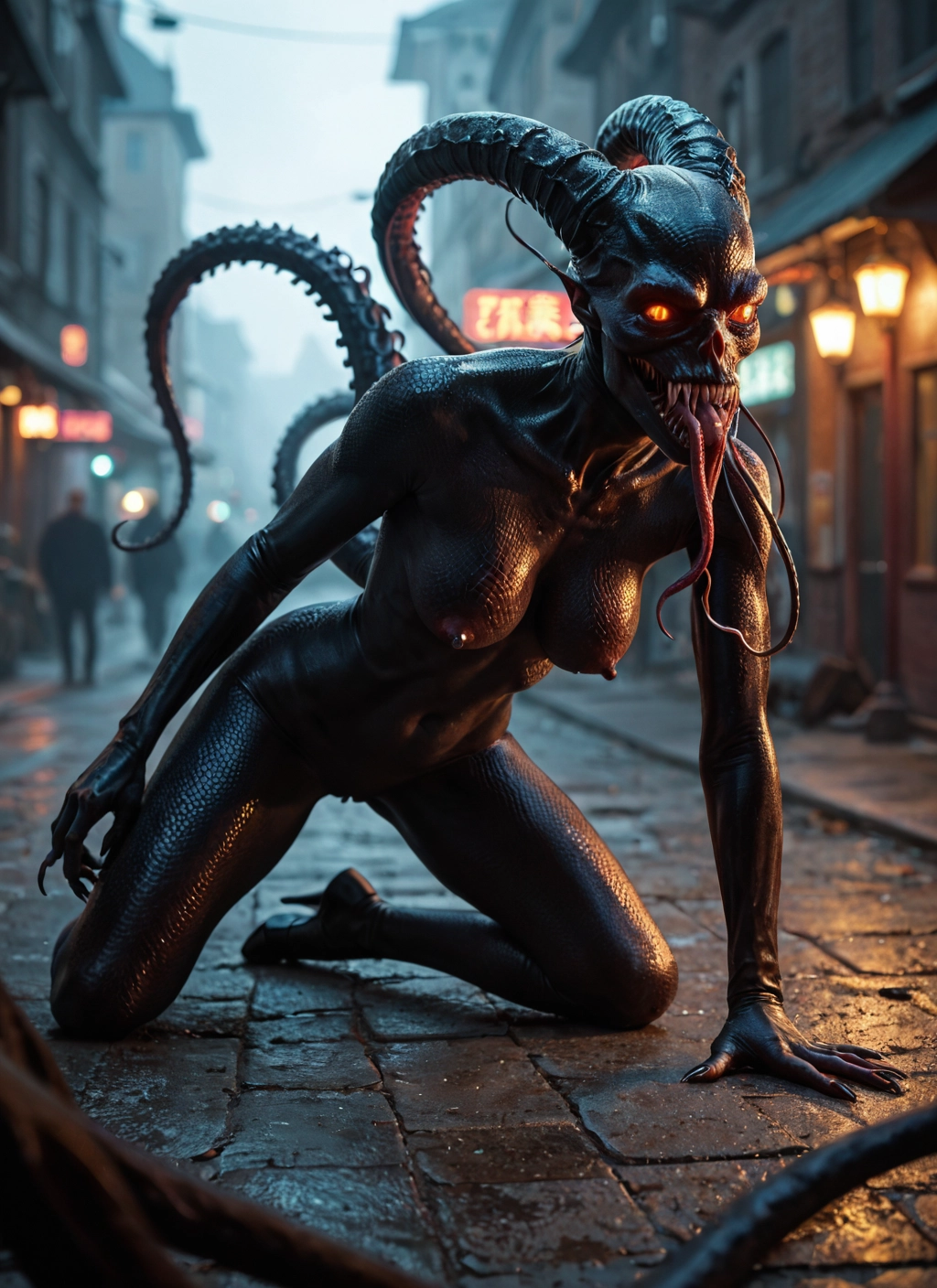 breasts, 1girl, tongue, nipples, long tongue, tail · Yamete.gg