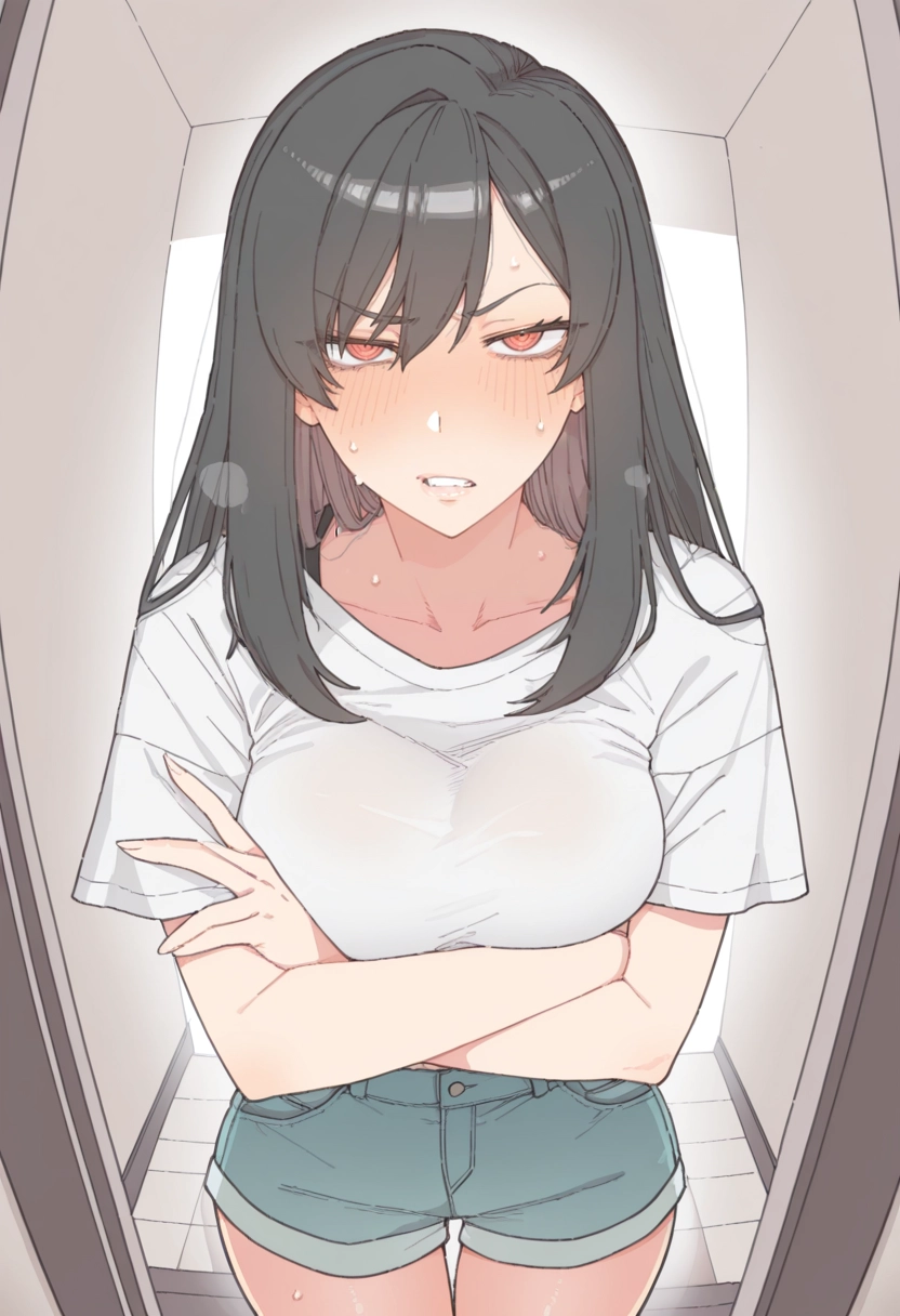 1girl, shorts, solo, breasts, black hair, shirt · Yamete.gg