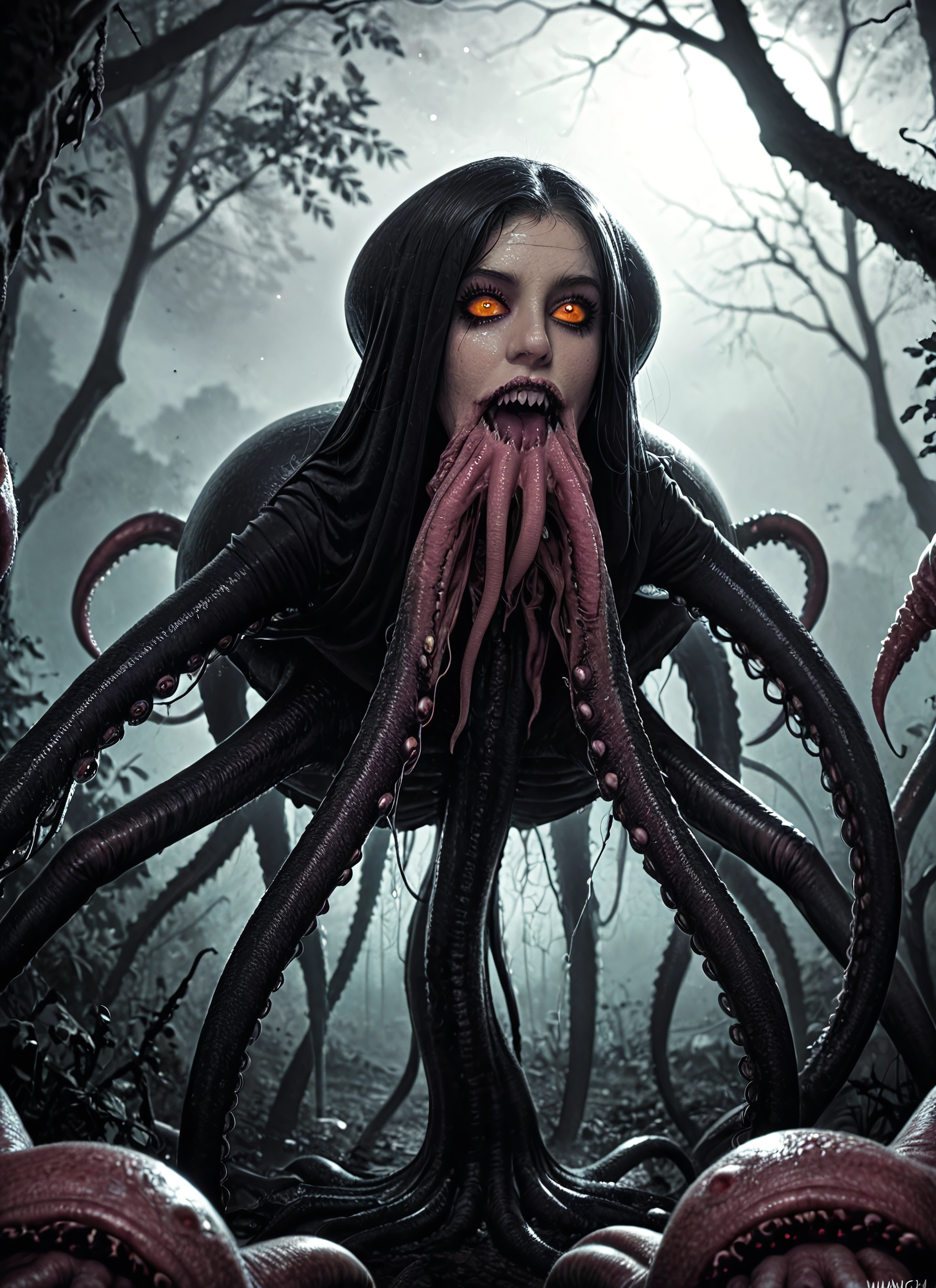 tentacles, 1girl, teeth, tree, orange eyes, long hair · Yamete.gg
