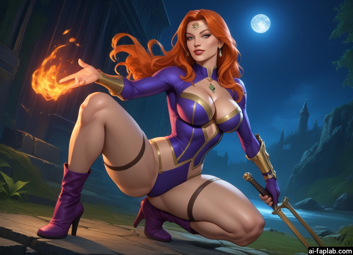 1girl, breasts, weapon, sword, moon, fire · Yamete.gg