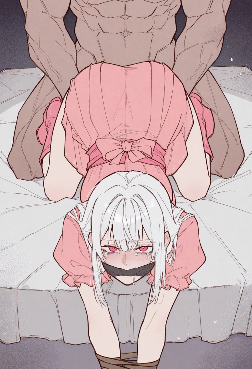 1girl, hetero, 1boy, tears, all fours, dress