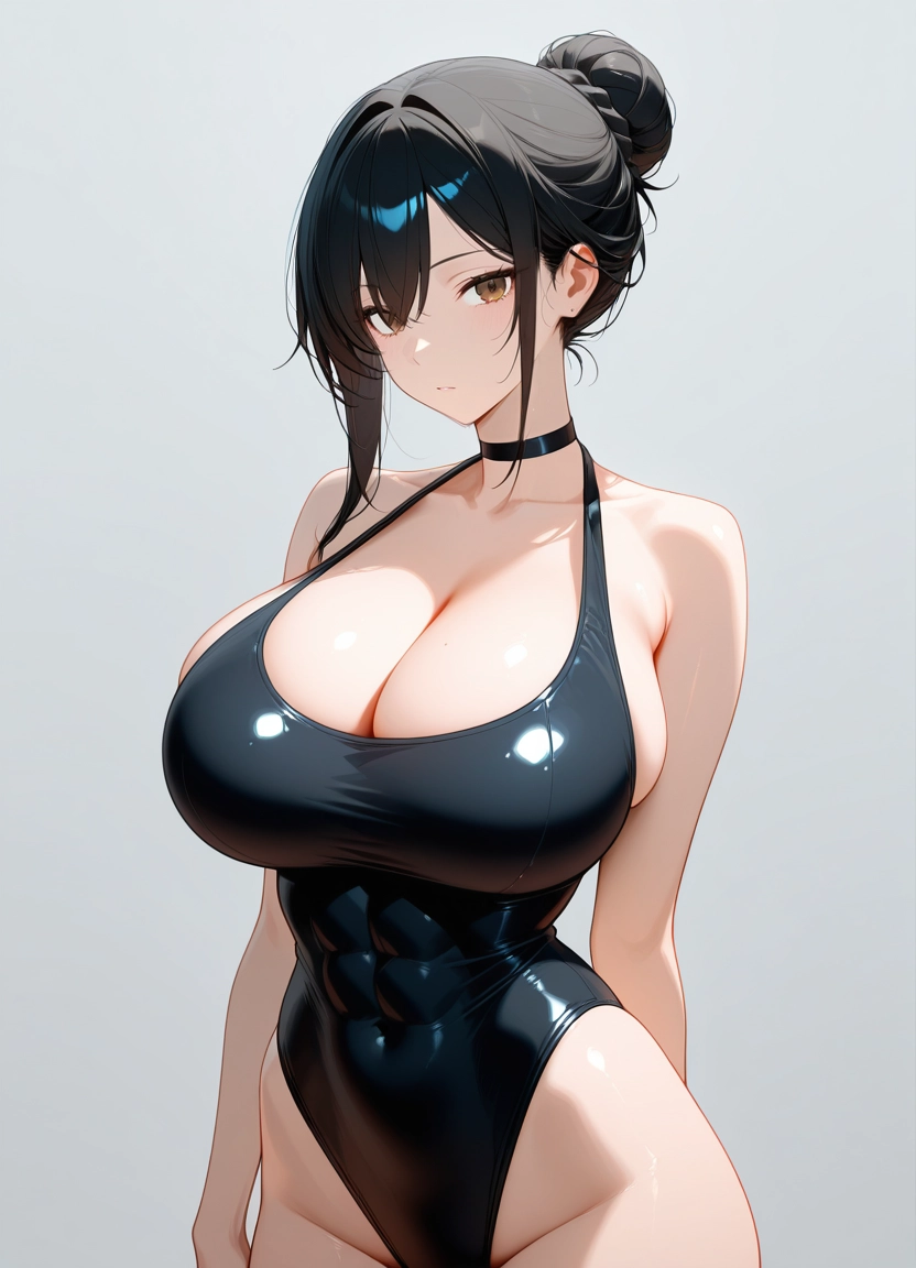 1girl, breasts, solo, one-piece swimsuit, swimsuit, black hair · Yamete.gg