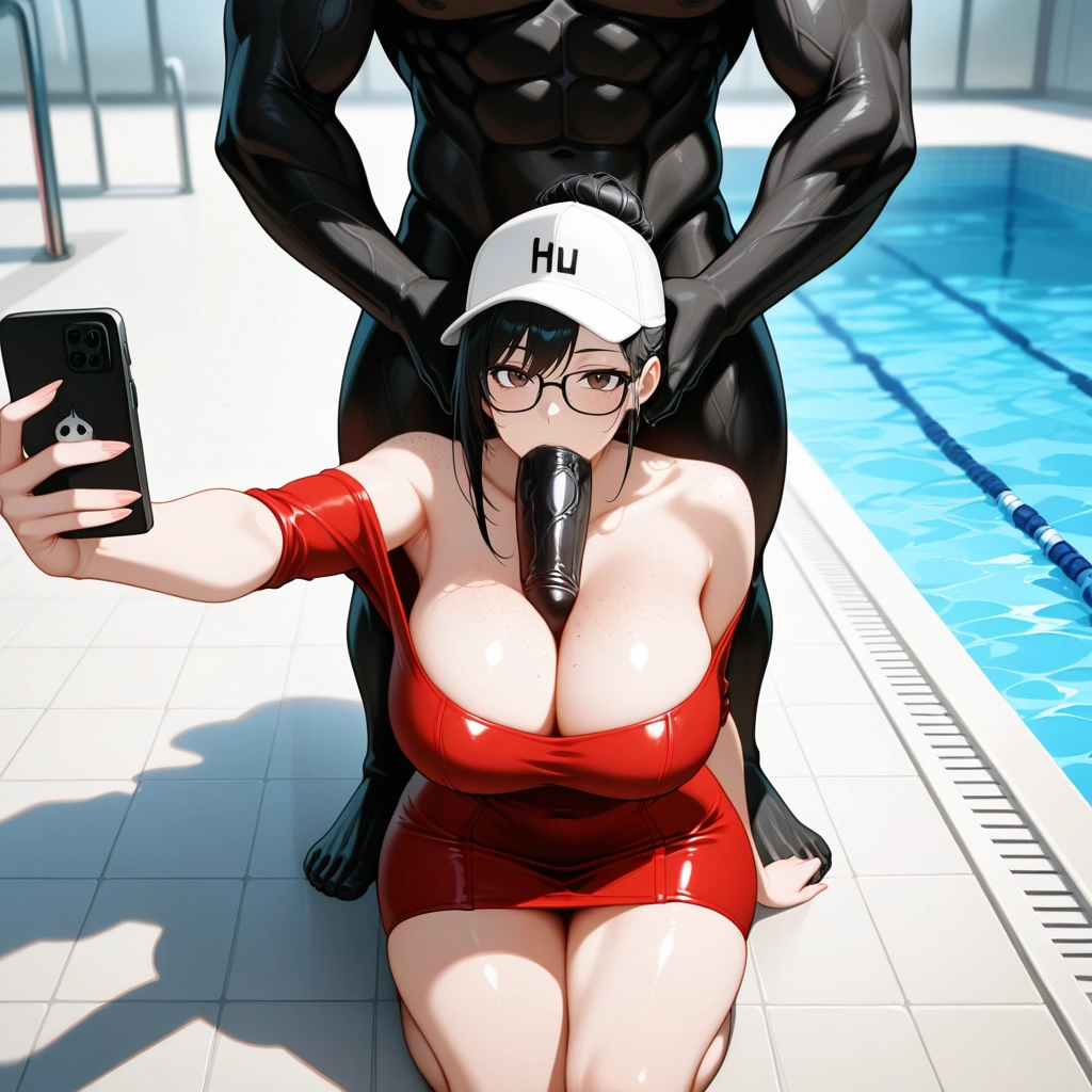 1girl, breasts, pool, black hair, 1boy, phone