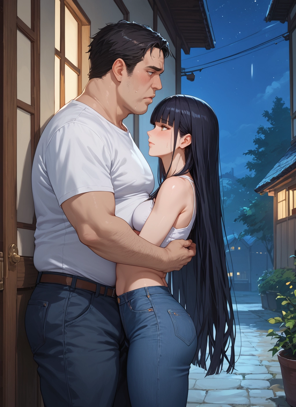 1girl, long hair, 1boy, black hair, pants, breasts · Yamete.gg
