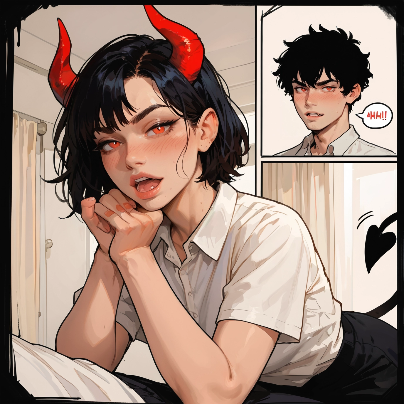horns, tail, black hair, 1girl, demon tail, red eyes · Yamete.gg