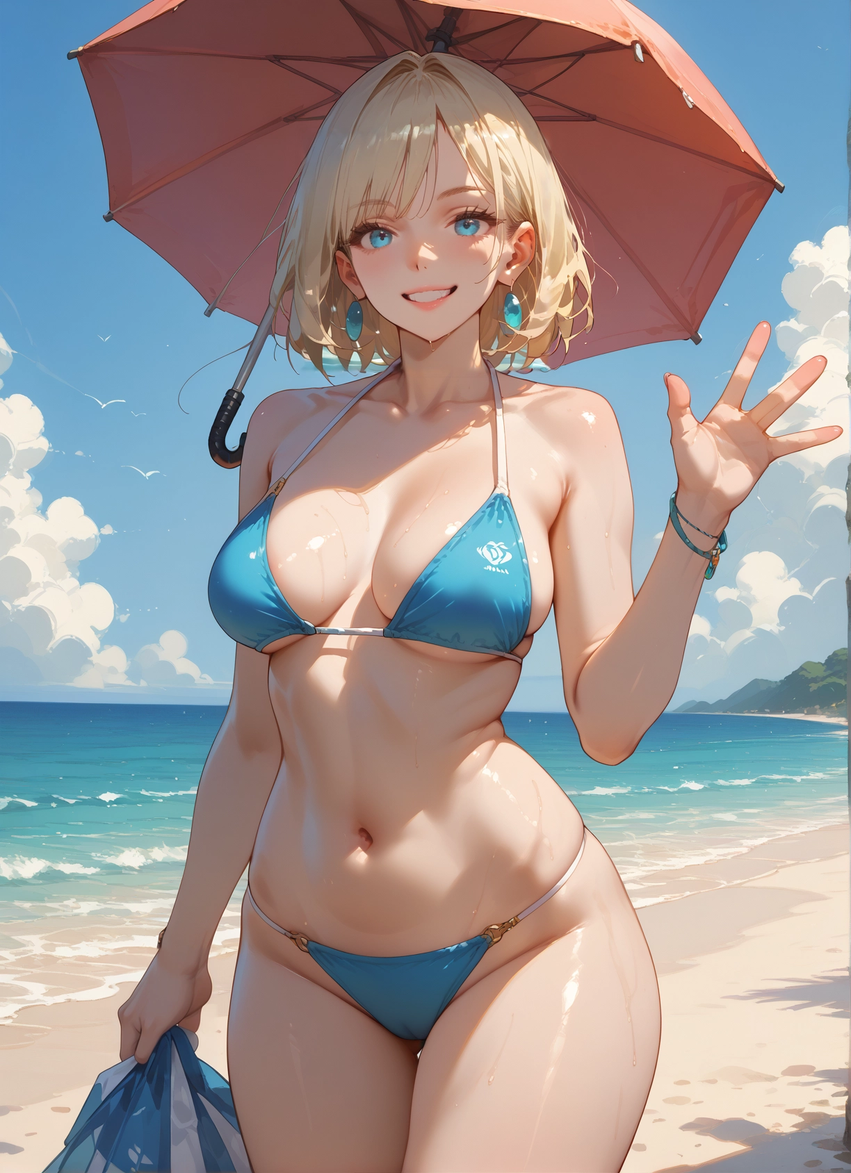 1girl, swimsuit, breasts, bikini, umbrella, blonde hair · Yamete.gg