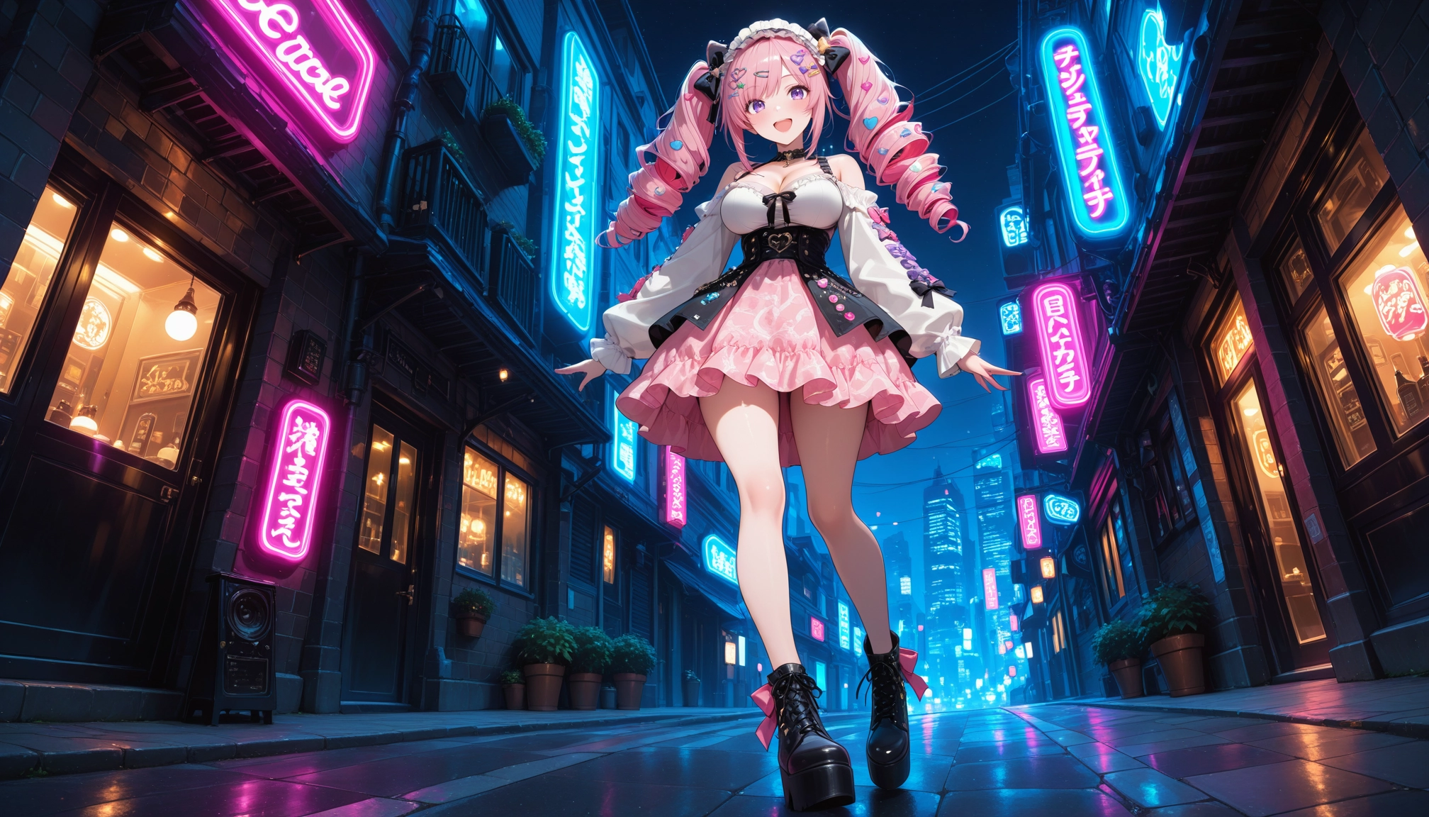 1girl, neon lights, solo, breasts, black footwear, drill hair · Yamete.gg