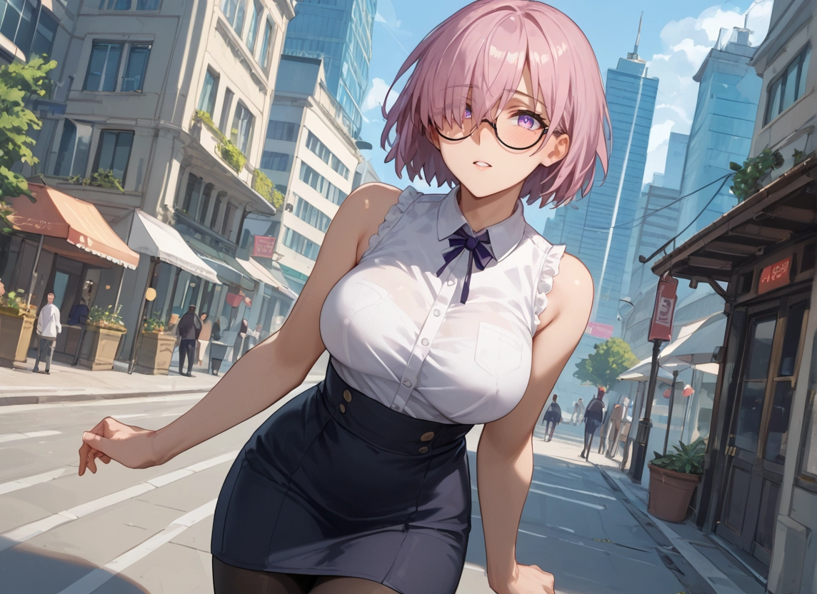 breasts, pantyhose, glasses, skirt, large breasts, purple eyes · Yamete.gg