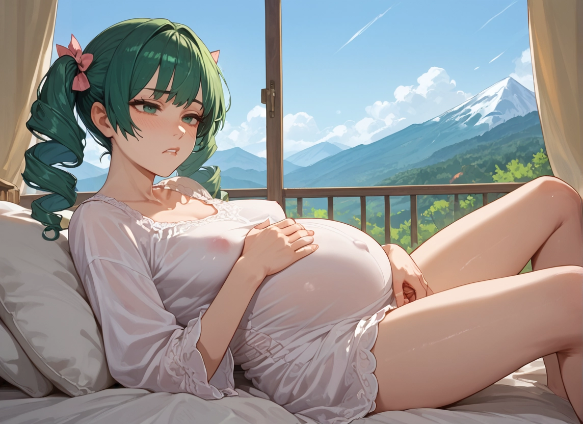 1girl, breasts, solo, green hair, drill hair, covered nipples · Yamete.gg