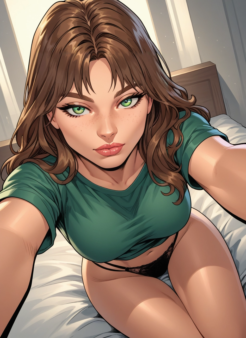 1girl, underwear, panties, green eyes, solo, freckles · Yamete.gg