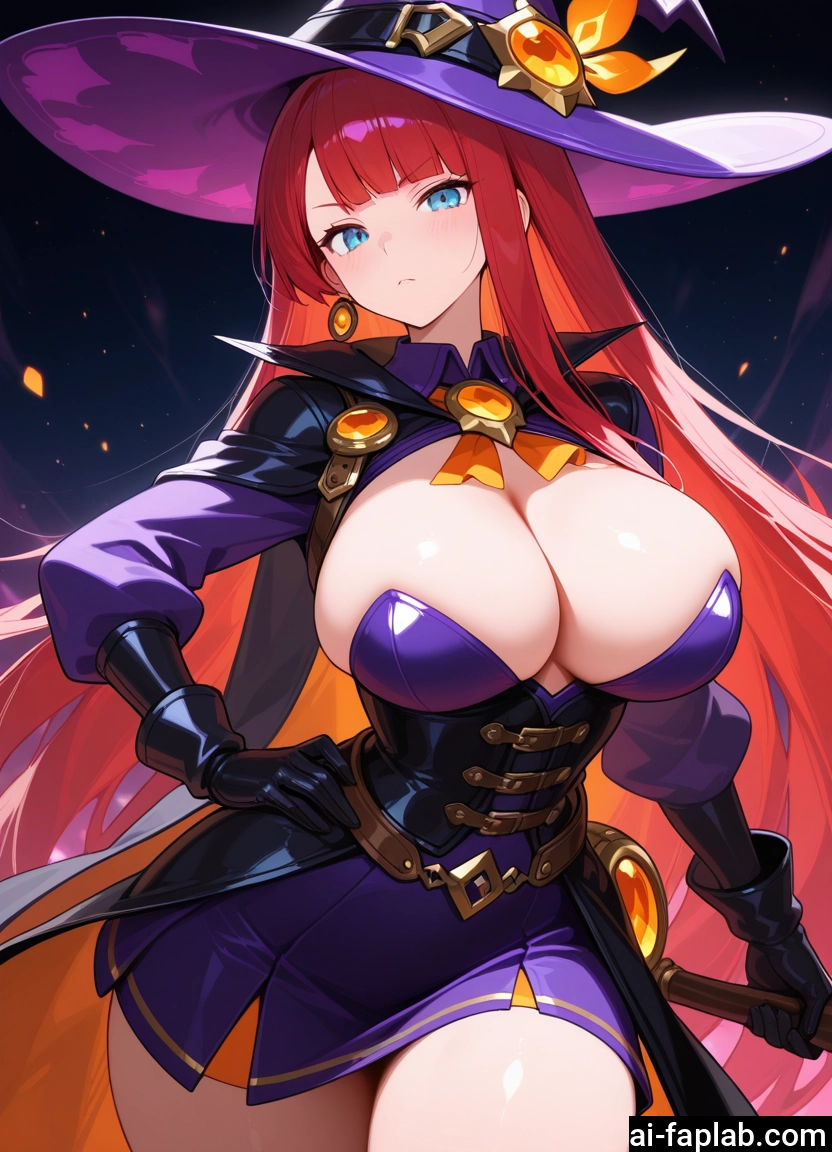 breasts, 1girl, hat, witch hat, long hair, gloves