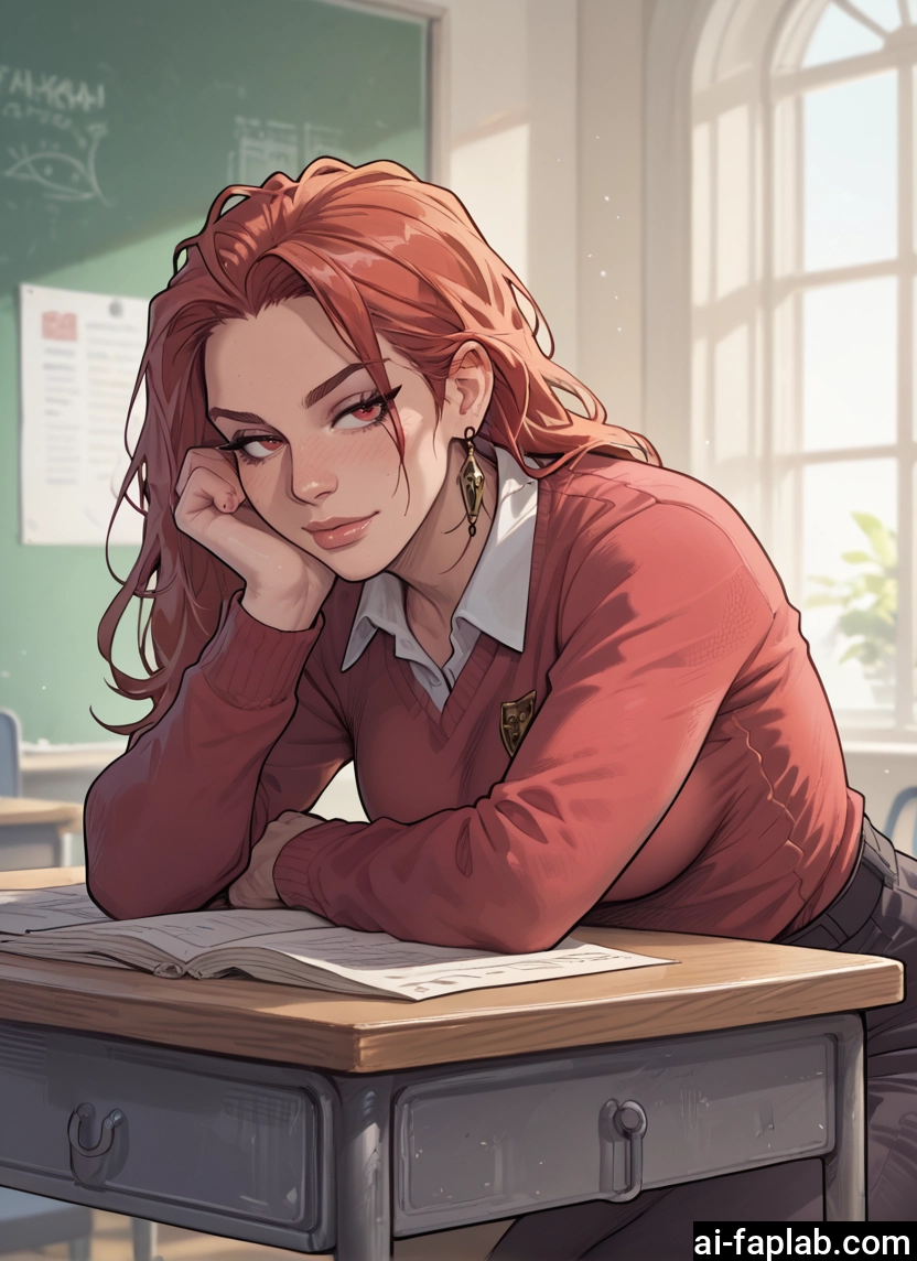 1girl, jewelry, earrings, desk, solo, classroom
