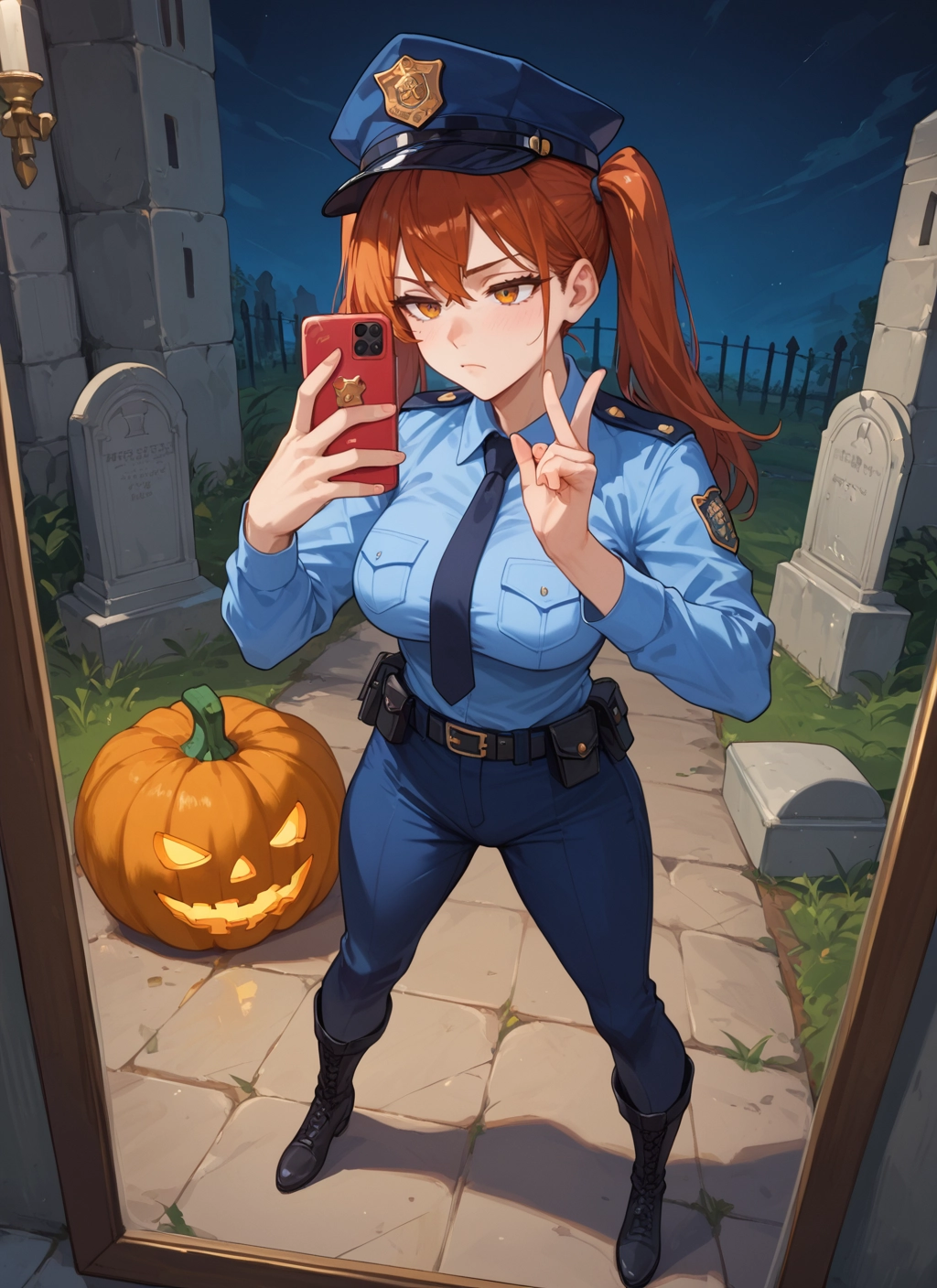 1girl, phone, twintails, police, police uniform, necktie · Yamete.gg