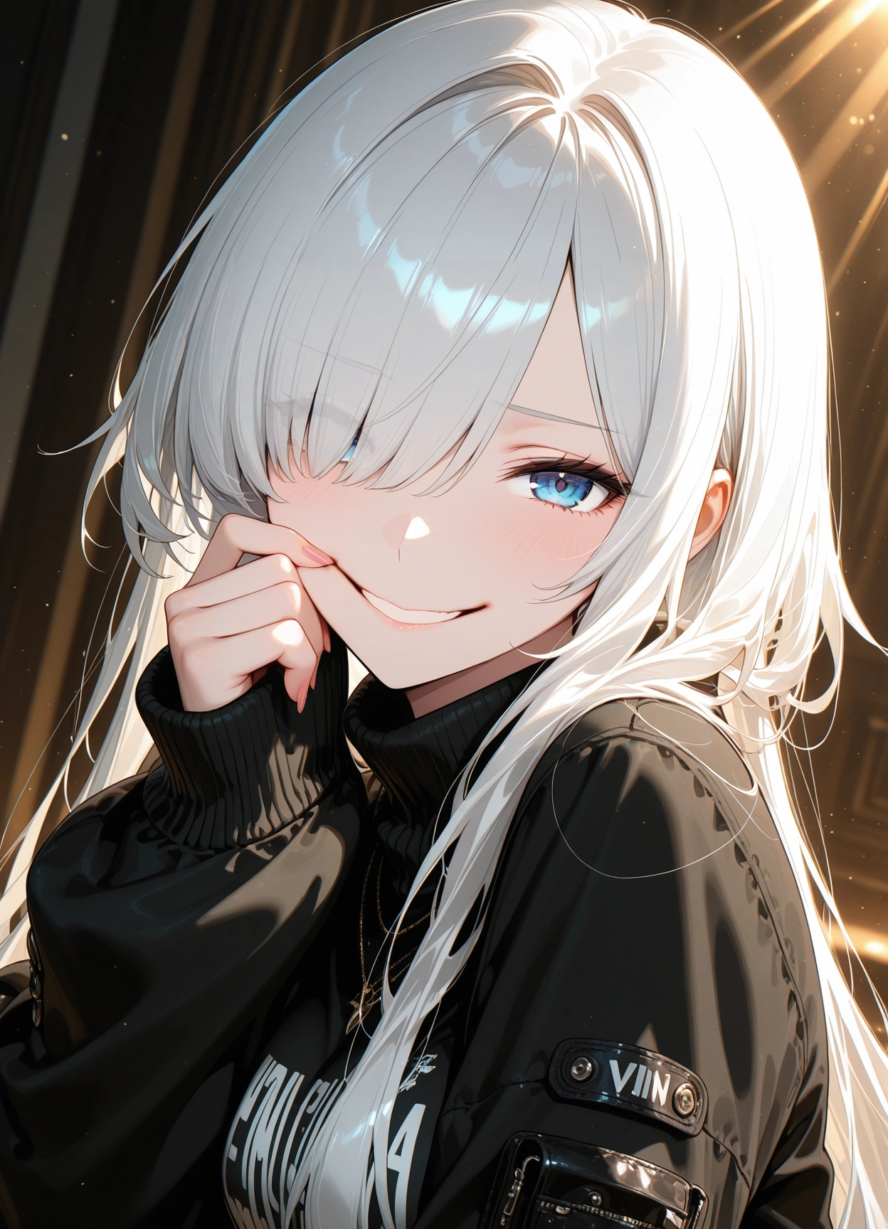 1girl, solo, blue eyes, smile, long hair, hair over one eye · Yamete.gg