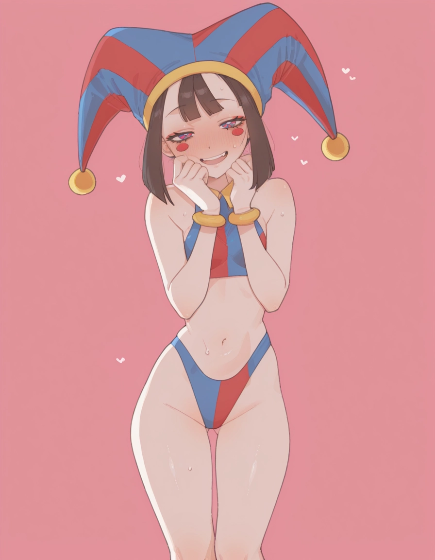 1girl, solo, heart, hat, simple background, navel · Yamete.gg