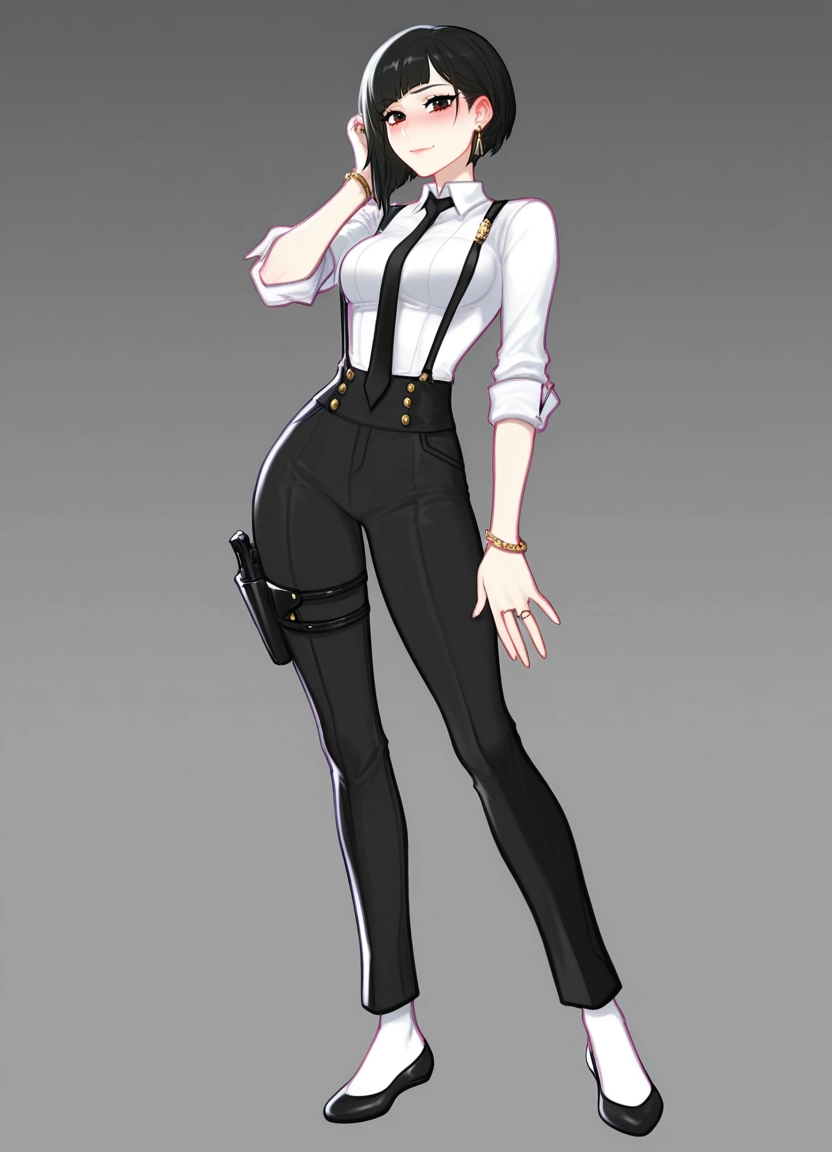 1girl, solo, jewelry, shirt, suspenders, black necktie · Yamete.gg