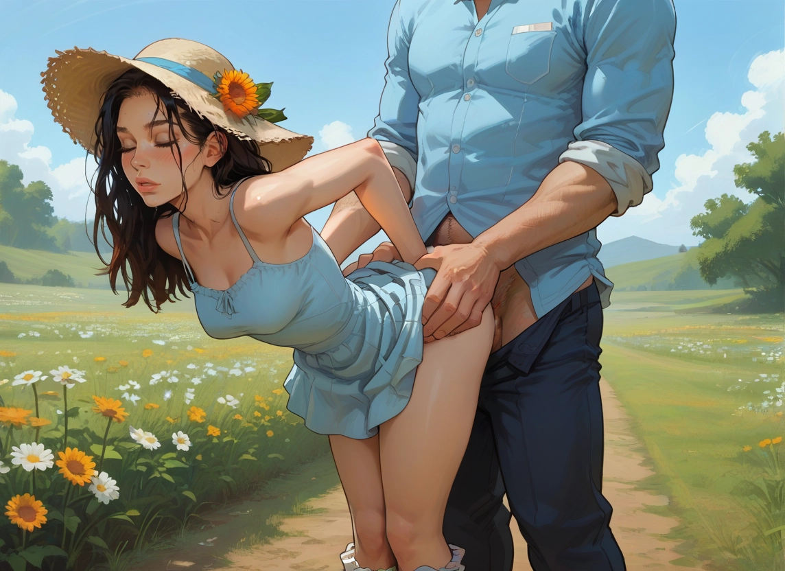 1girl, 1boy, hat, flower, outdoors, hetero · Yamete.gg