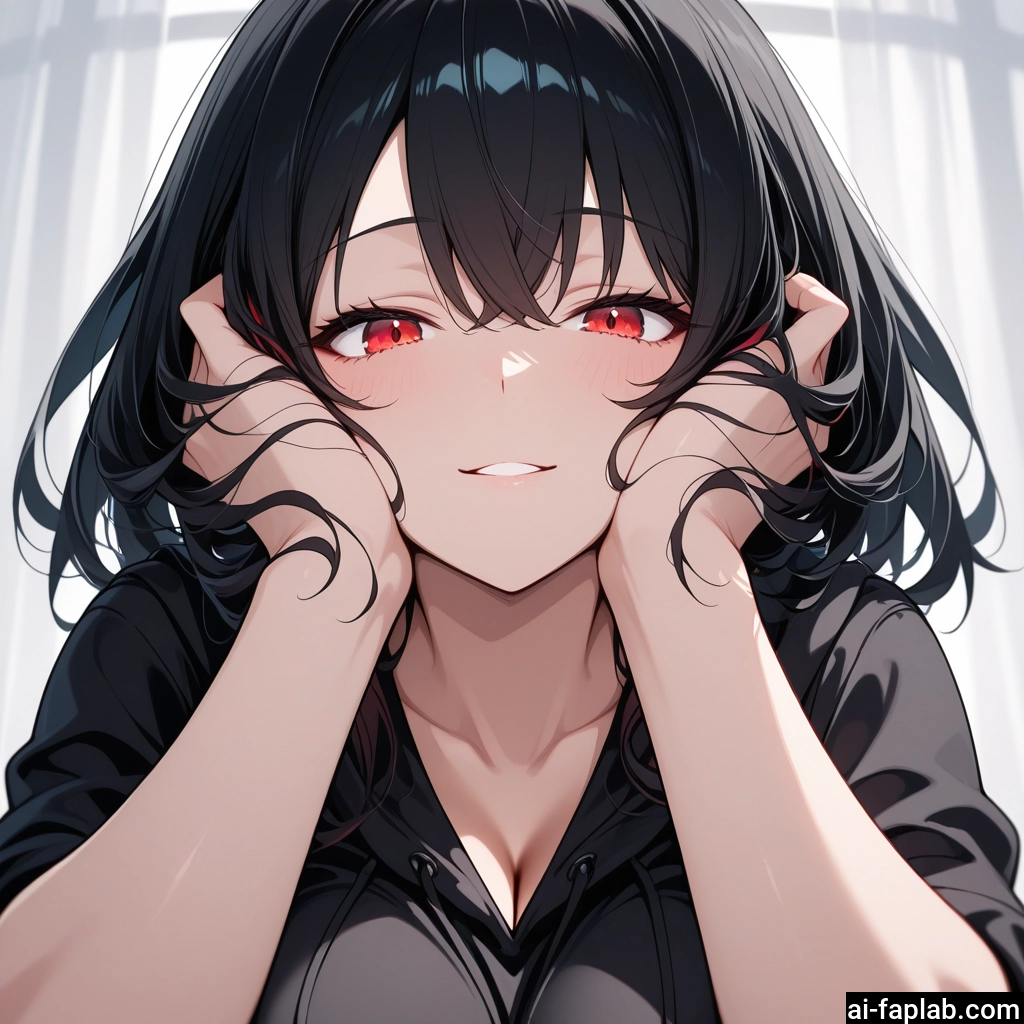 1girl, breasts, red eyes, black hair, looking at viewer, cleavage