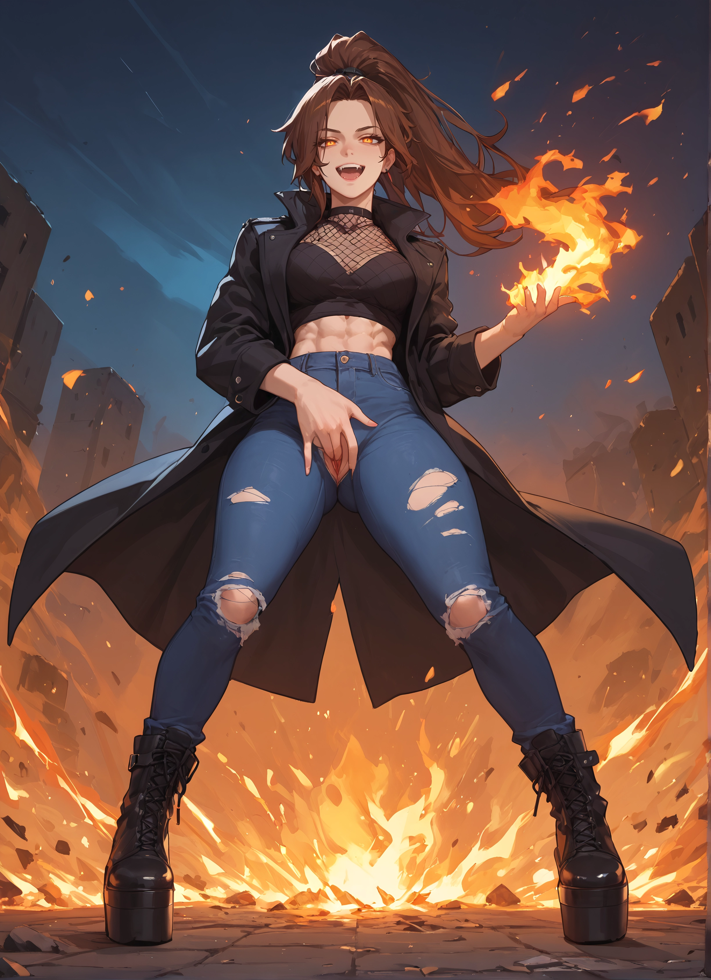 1girl, solo, fire, brown hair, torn clothes, pants · Yamete.gg