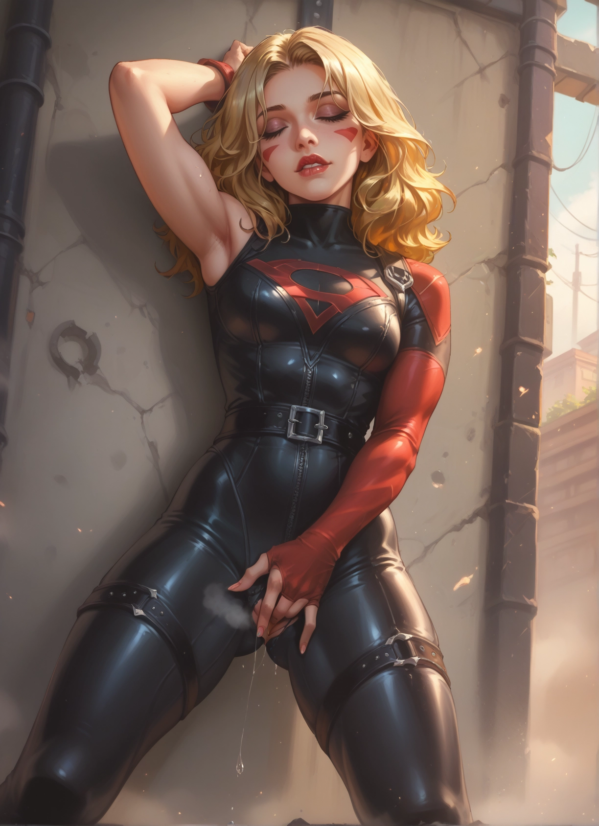 1girl, blonde hair, solo, bodysuit, closed eyes, pussy juice · Yamete.gg