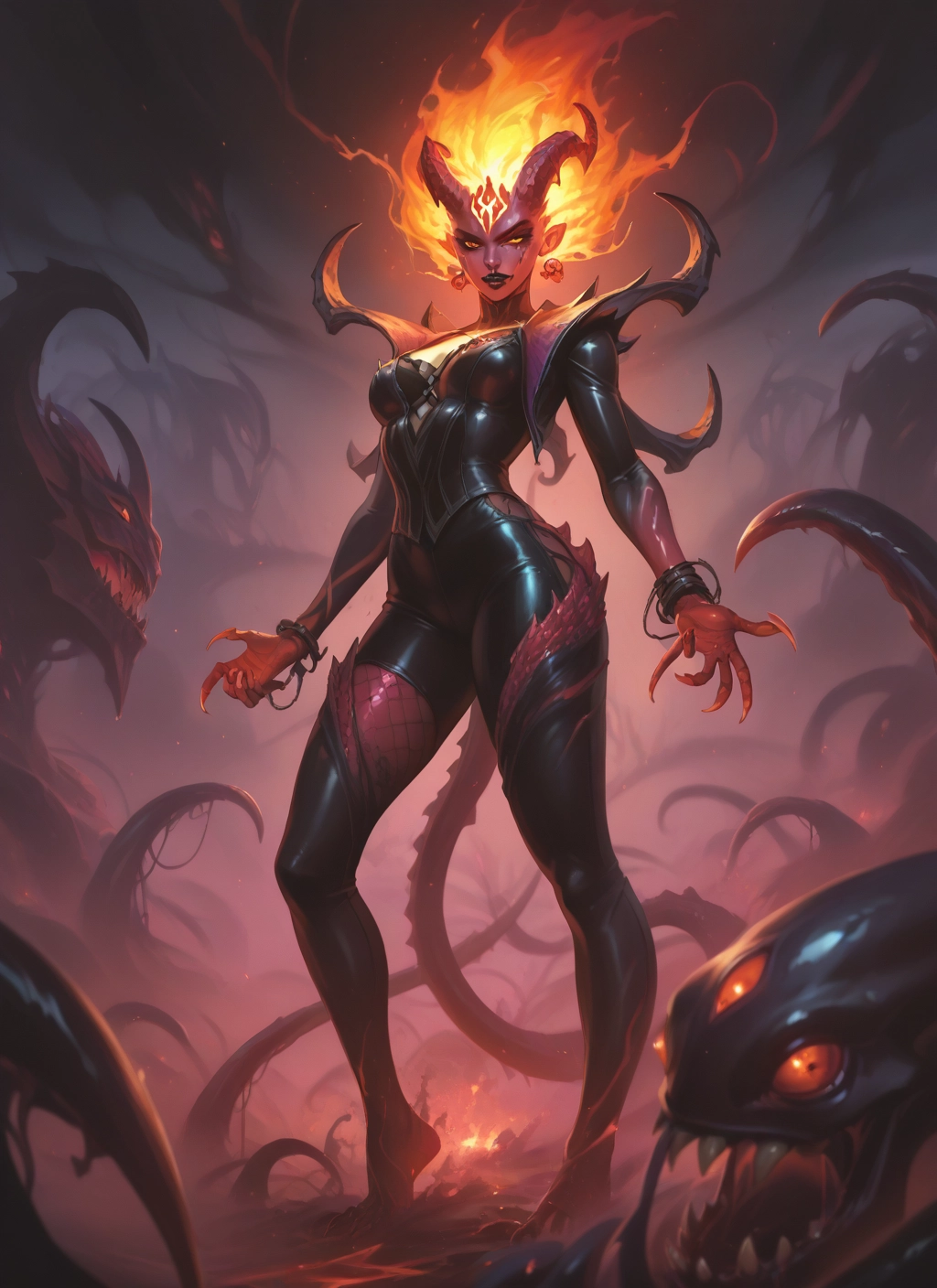 1girl, horns, jewelry, breasts, fire, earrings · Yamete.gg