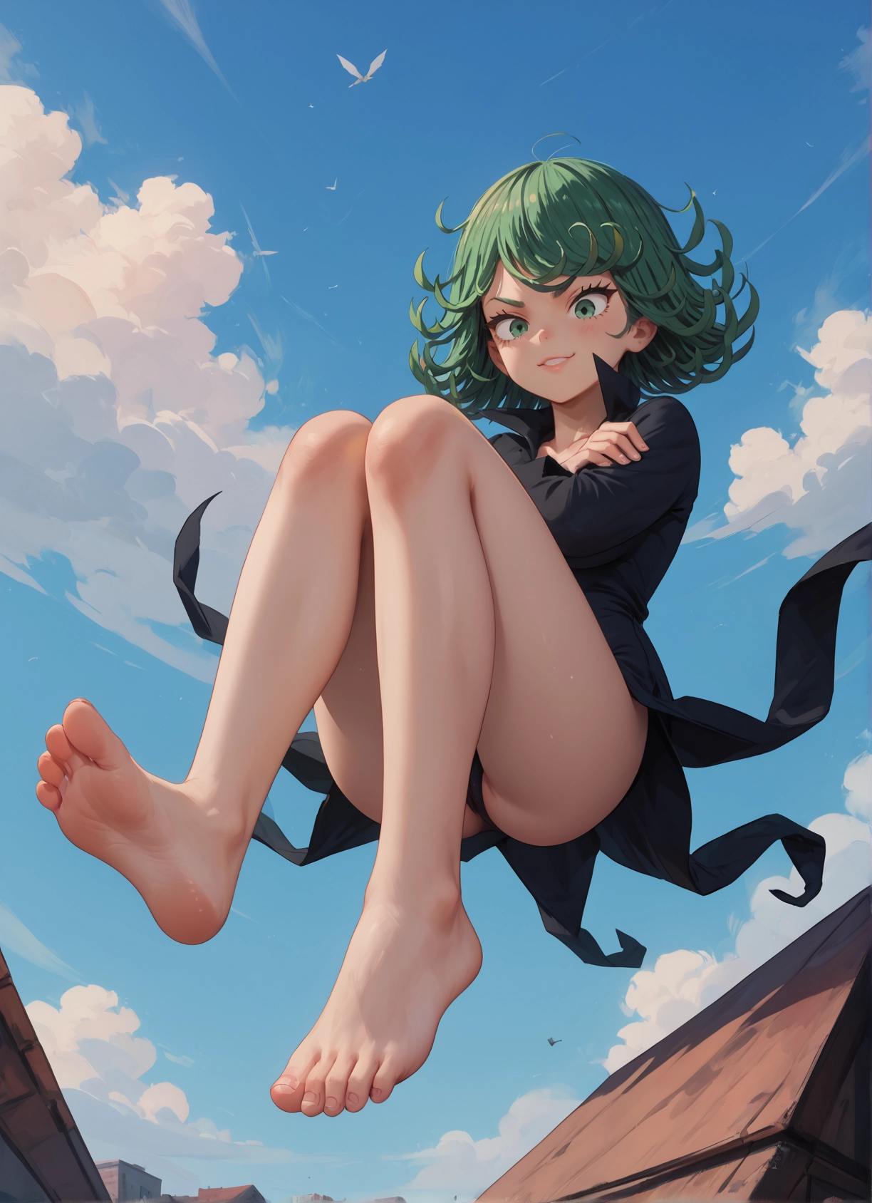 1girl, barefoot, feet, green eyes, dress, green hair · Yamete.gg