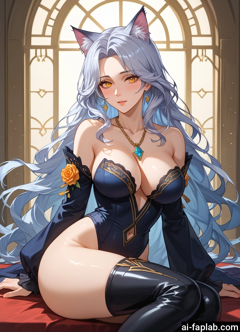 1girl, breasts, animal ears, long hair, thighhighs, jewelry