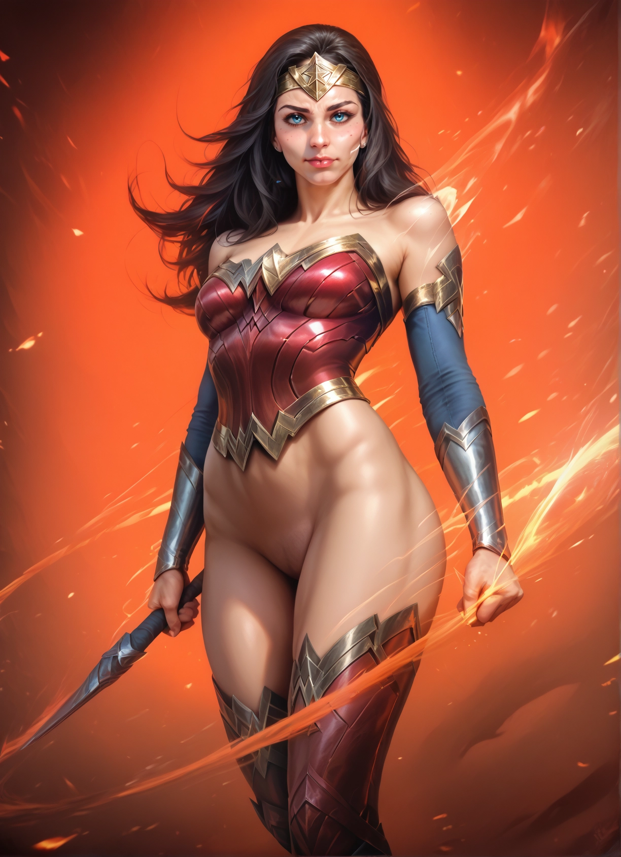 1girl, solo, blue eyes, black hair, pussy, weapon · Yamete.gg