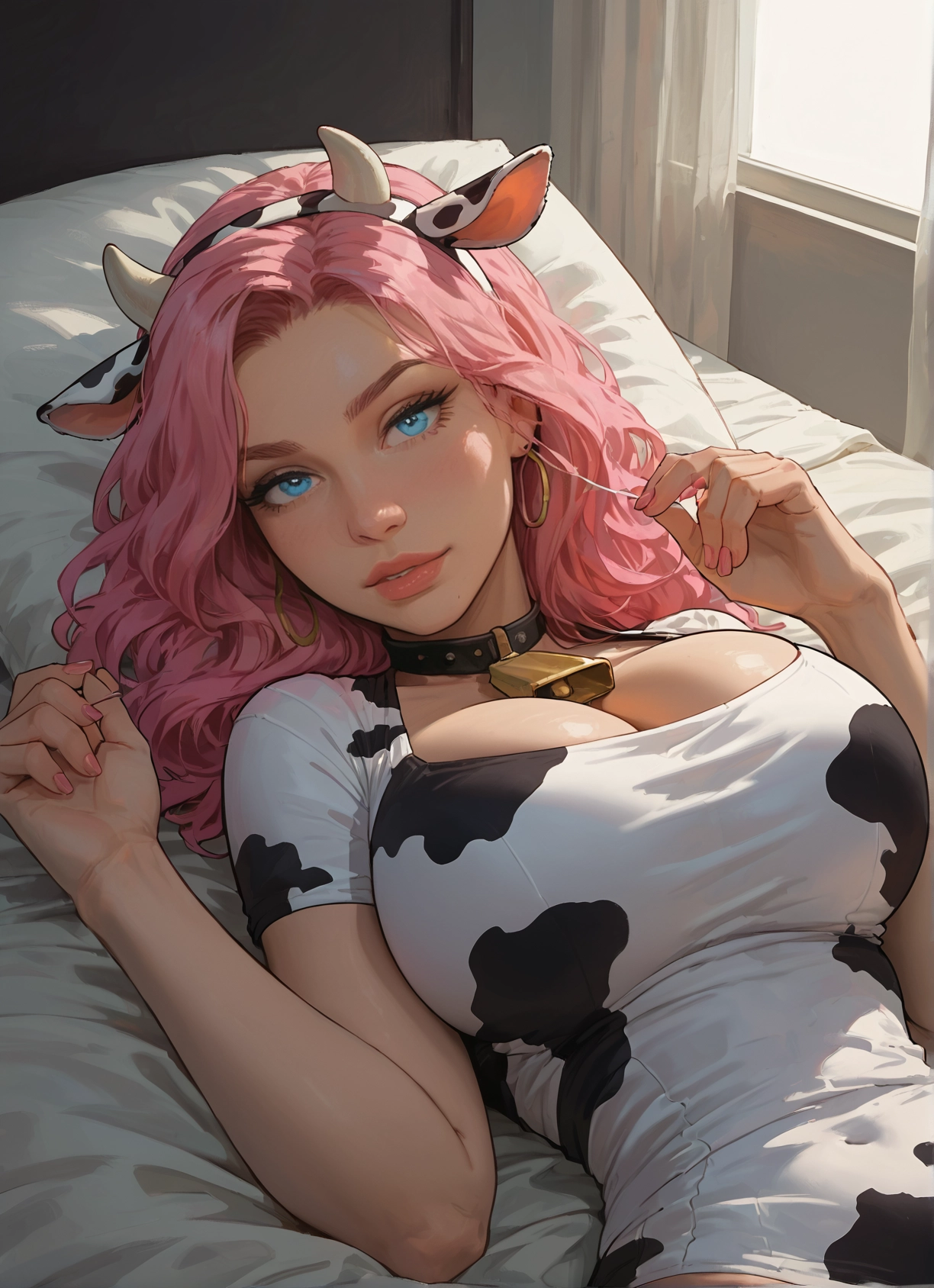 1girl, breasts, pink hair, animal ears, animal print, cow print · Yamete.gg
