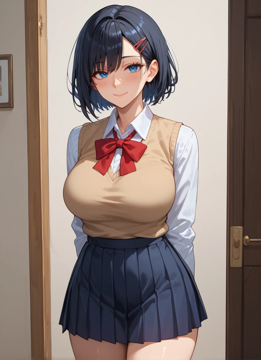 1girl, breasts, skirt, blue eyes, hair ornament, solo · Yamete.gg