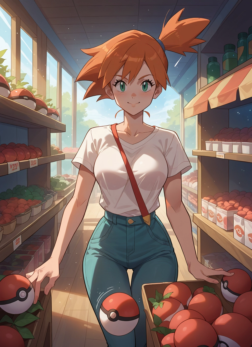 1girl, orange hair, pants, side ponytail, breasts, shirt · Yamete.gg