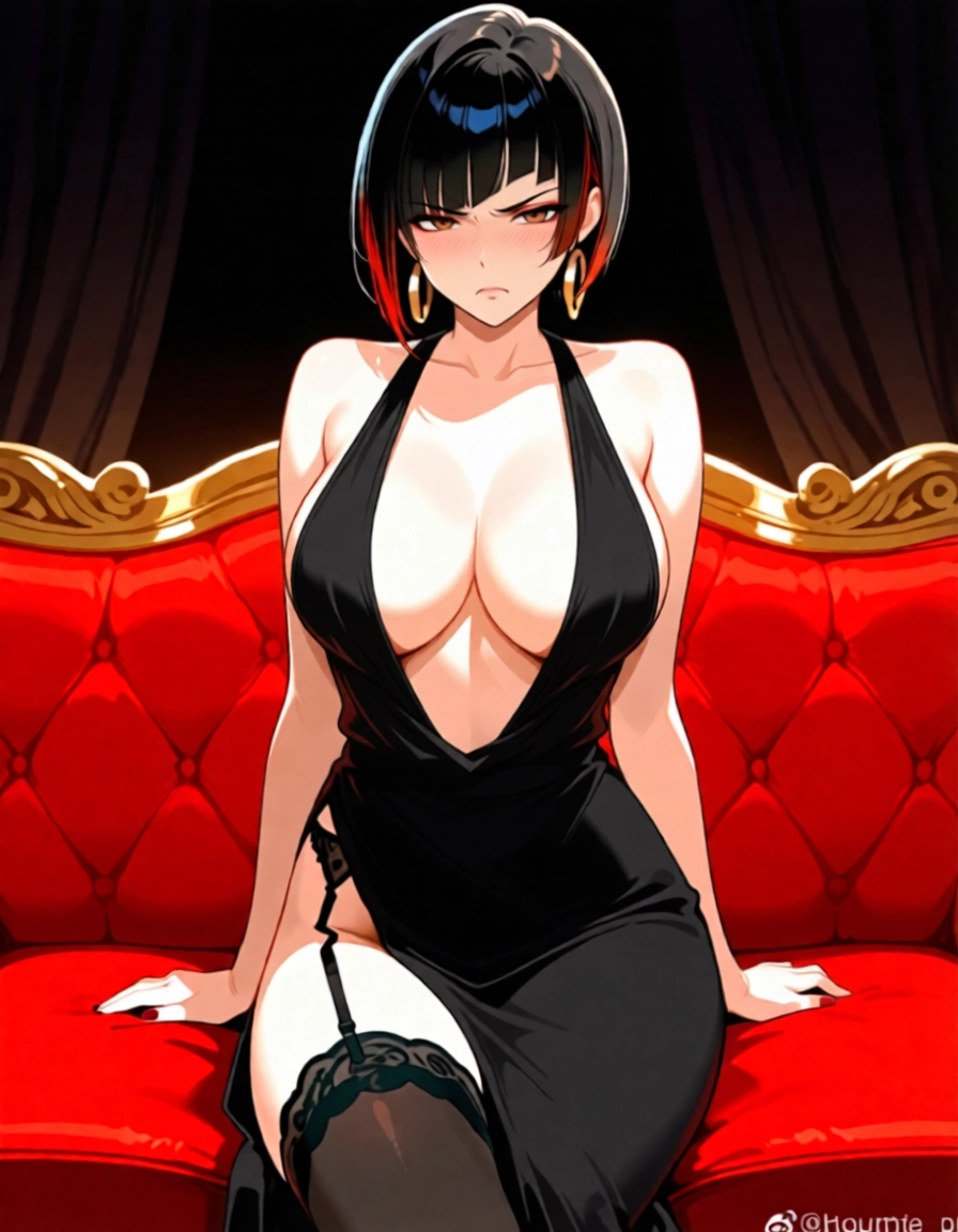 1girl, breasts, black hair, solo, dress, thighhighs · Yamete.gg