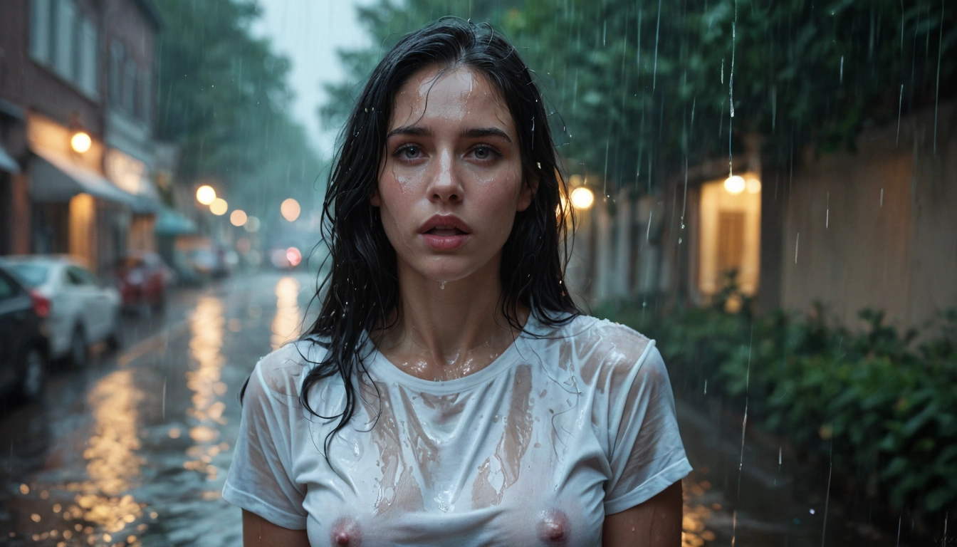 1girl, rain, wet, wet clothes, motor vehicle, shirt · Yamete.gg