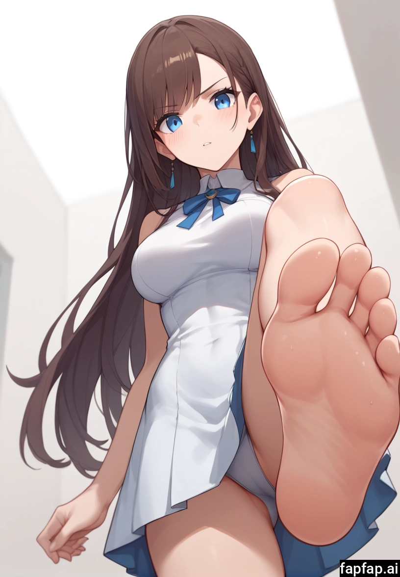 1girl, brown hair, solo, barefoot, earrings, long hair