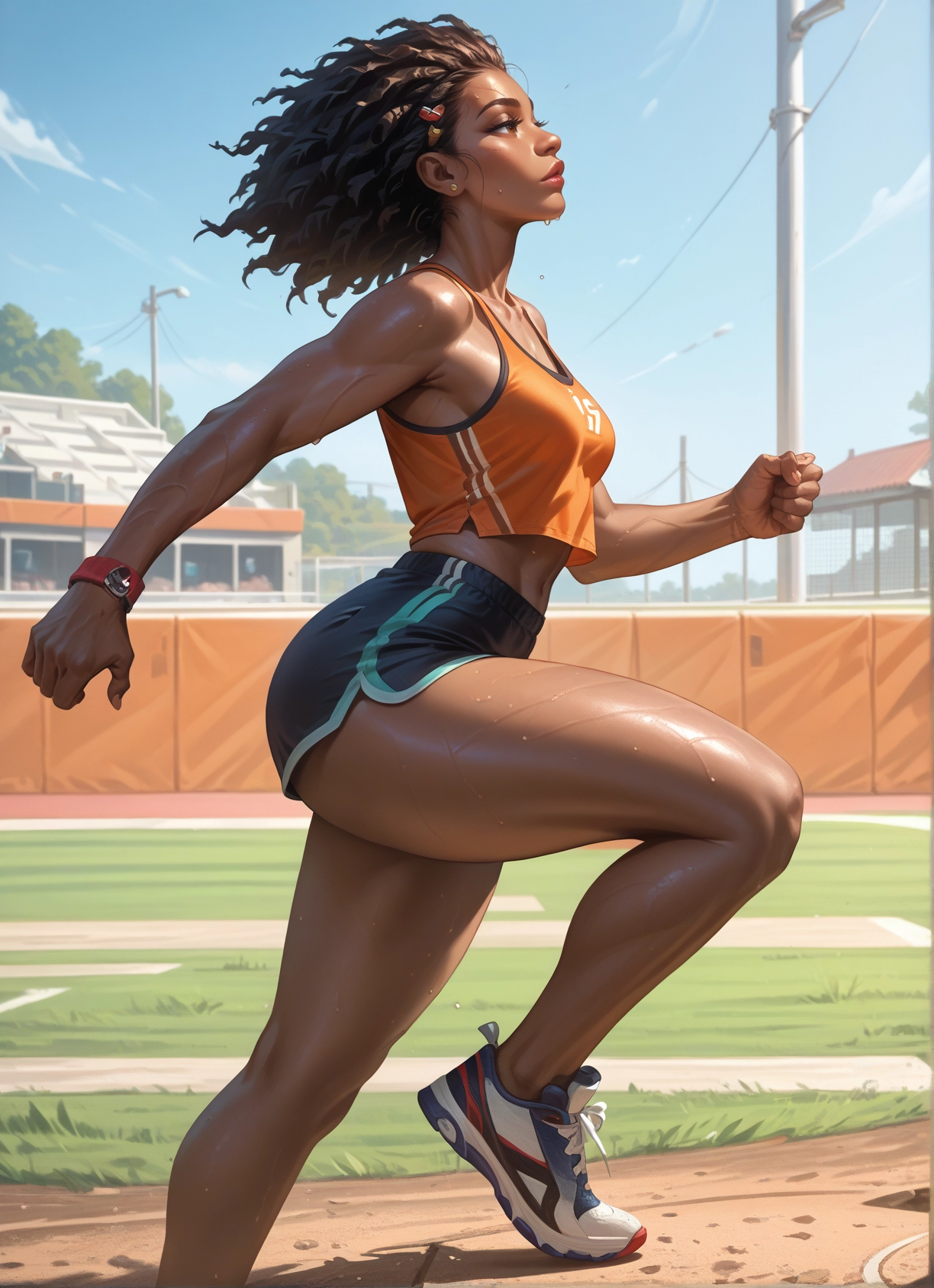 1girl, shorts, solo, dark skin, sweat, shoes · Yamete.gg