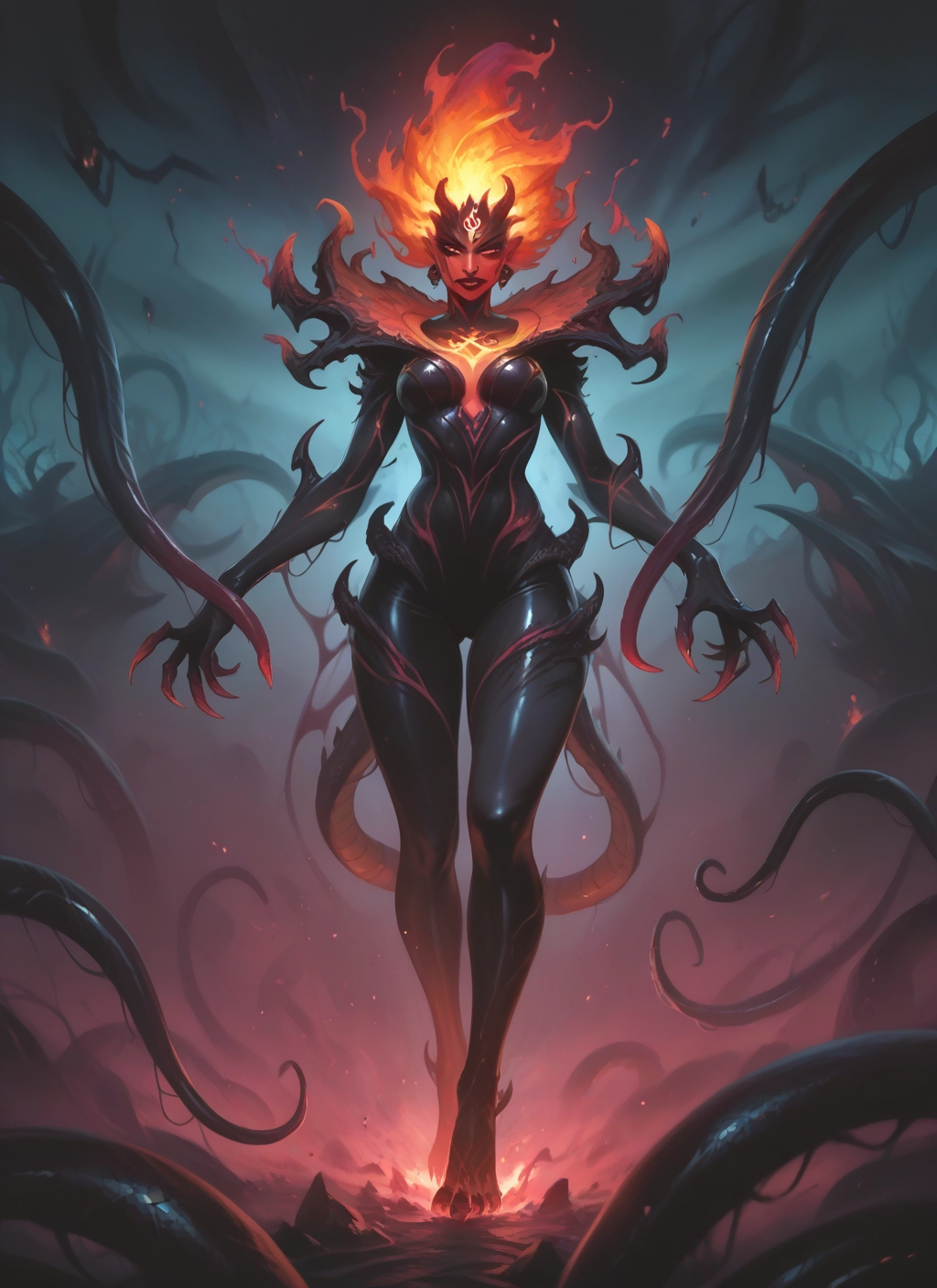 1girl, tentacles, breasts, solo, fire, claws · Yamete.gg