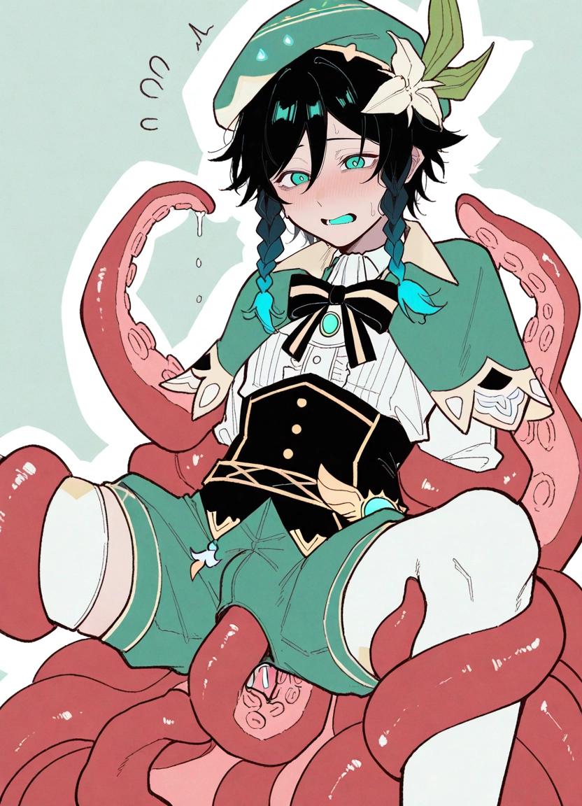 tentacles, tentacles on male, venti (genshin impact), 1boy, male focus, hat · Yamete.gg