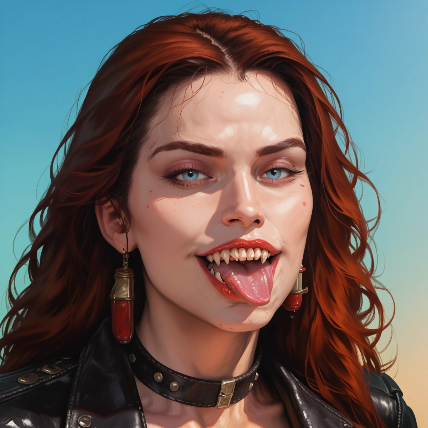 1girl, solo, jewelry, earrings, blue eyes, tongue · Yamete.gg