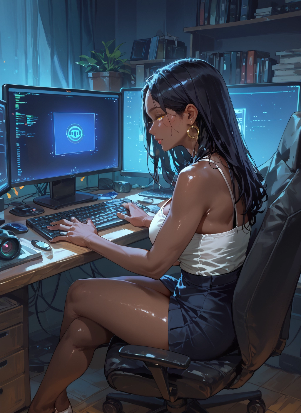 1girl, jewelry, earrings, breasts, dark skin, skirt · Yamete.gg
