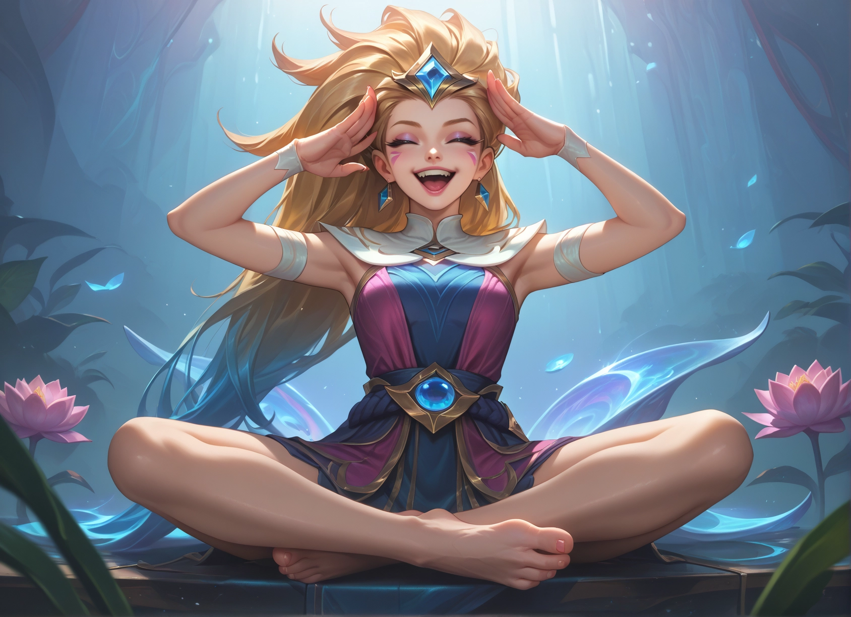 1girl, blonde hair, barefoot, jewelry, solo, sitting · Yamete.gg