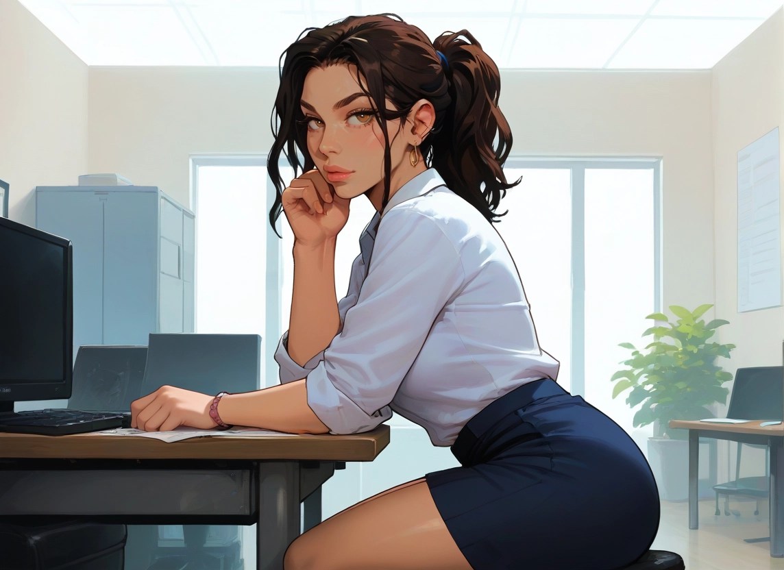 1girl, skirt, jewelry, earrings, brown hair, solo · Yamete.gg