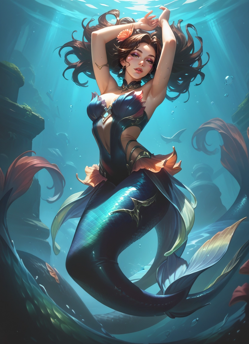 1girl, monster girl, underwater, breasts, long hair, brown hair · Yamete.gg