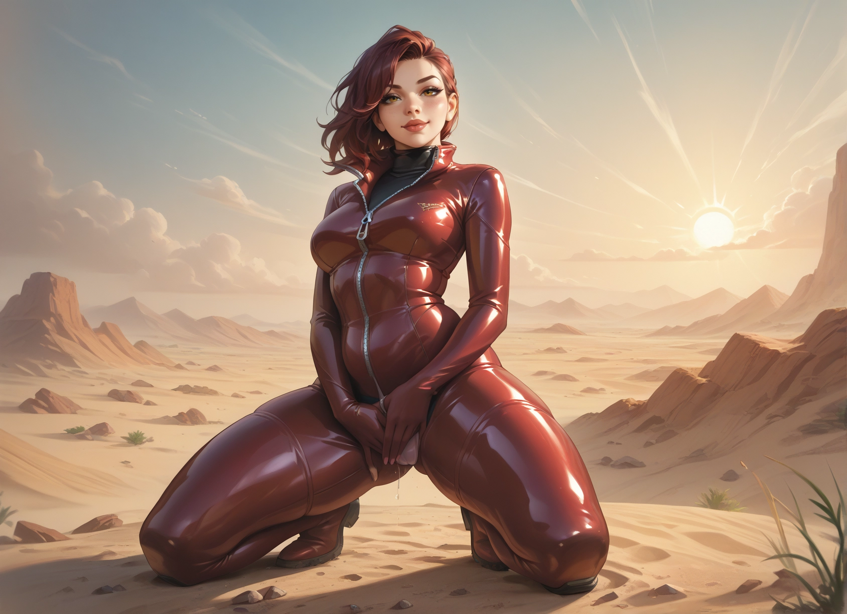 1girl, bodysuit, solo, pussy juice, sun, looking at viewer · Yamete.gg