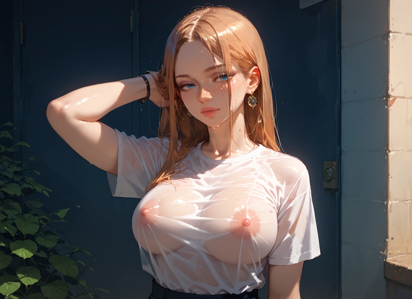 1girl, breasts, jewelry, earrings, wet, blue eyes · Yamete.gg