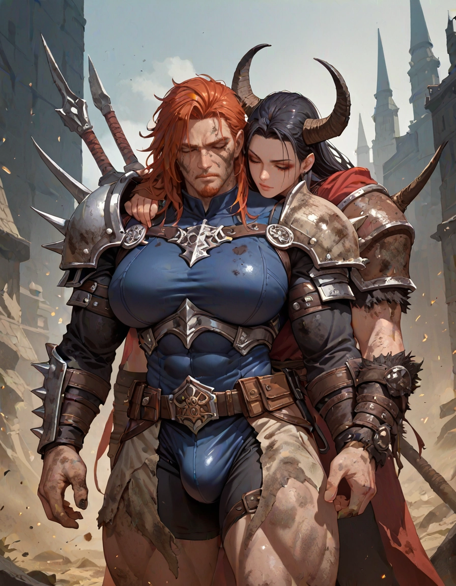 horns, weapon, muscular, shoulder armor, genderswap, black hair · Yamete.gg
